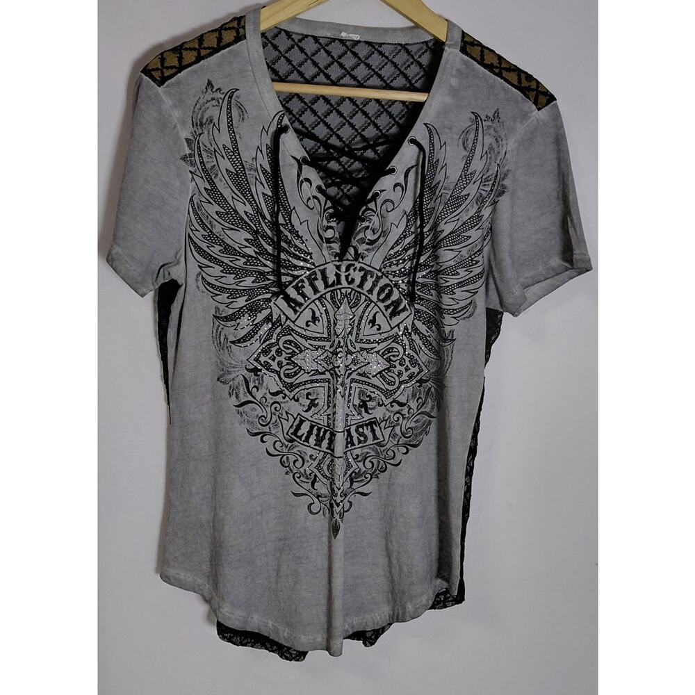 AFFLICTION Logo Graphic Print Hooded Lace Back Womens See Measurements